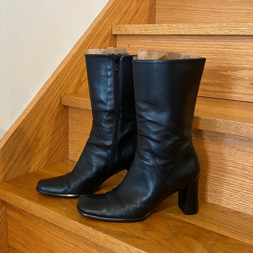 Vintage black leather mid calf boots